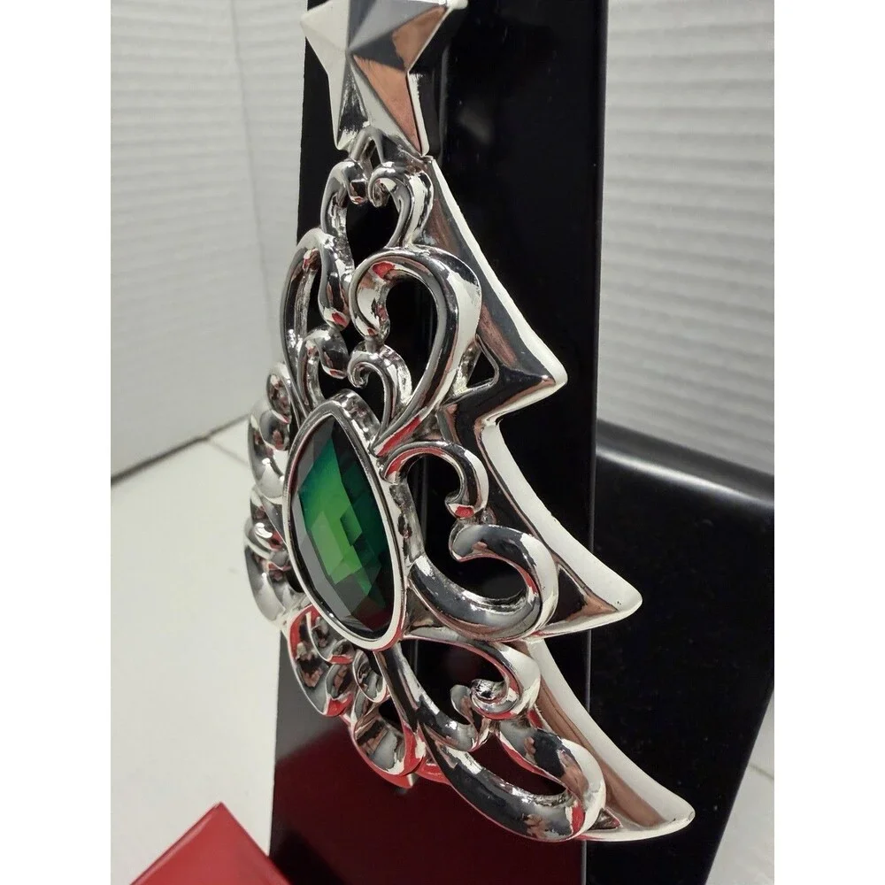 Lenox Bejeweled Christmas Tree Ornament Silverplate With Green Gem